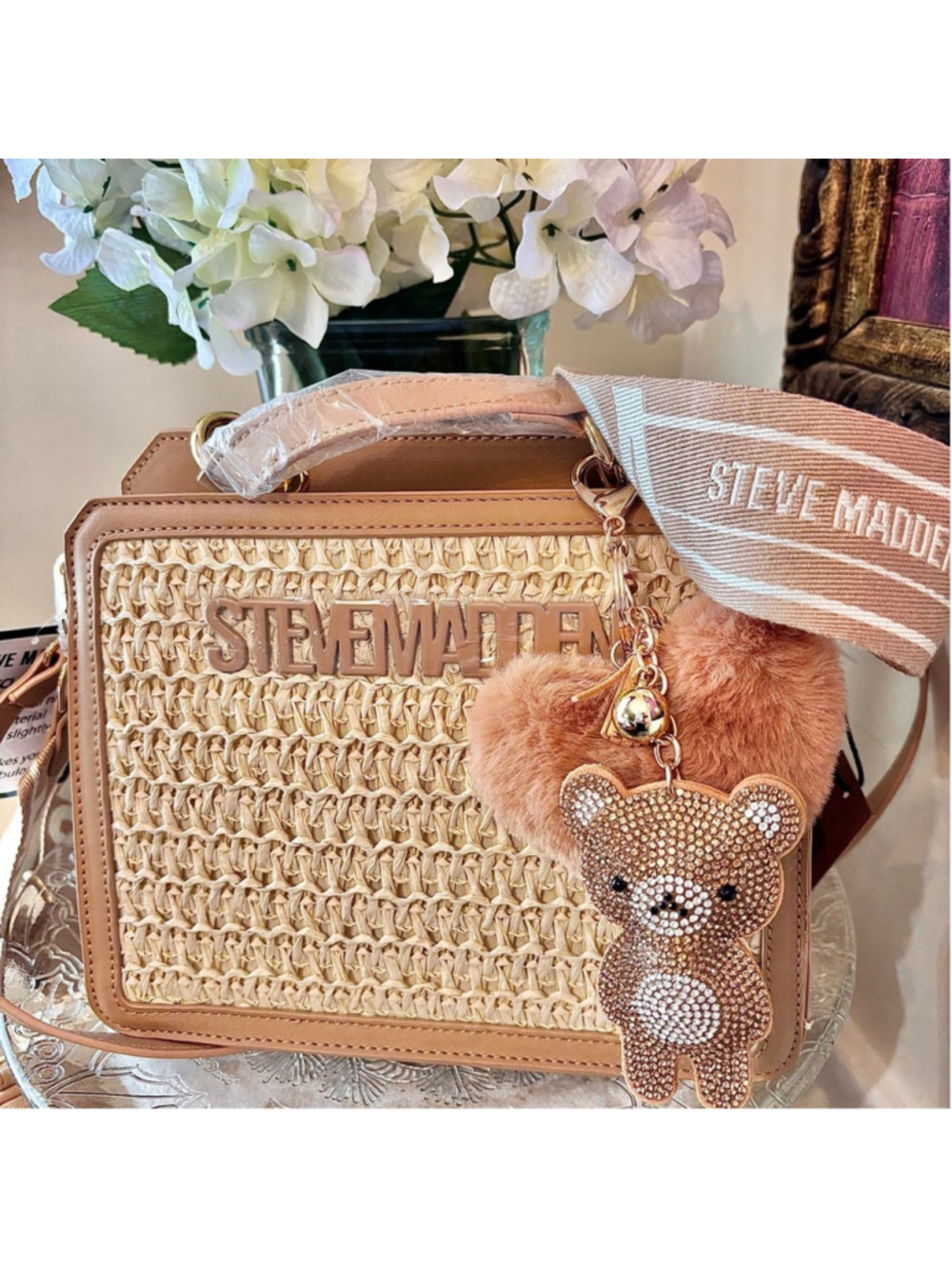 STEVE MADDEN BEVELYN STRAW SATCHEL CROSSBODY BAG GUITAR STRAP NEW WITH TAGS